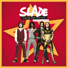 The four members of Slade in various outfits standing in front of a large yellow star and red background, with the band name and album title above them, and a yellow border