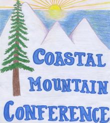 A hand-drawn illustration of an evergreen tree and snowy mountains with a backdrop of an ocean sunset and the words Coastal Mountain Conference in block letters