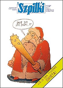 Cover of Szpilki magazine illustrated with a cartoon of Santa Clause brandishing a club.