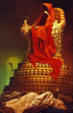 A man wearing a red robe, his face shrouded by the hood, sitting on a throne made out of skulls above several corpses.