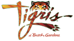 A script text "Tigris" in an orange gradient, trimmed in green, with sublimated tiger stripes. The tail of the "g" curls around and ends in a paw print. An illustration of the top half of the head of a tiger, featuring its eyes, sits atop the script. The words "at Busch Gardens" are in red, tucked into the lower right corner.