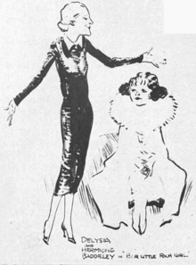 line drawing of blonde white woman, standing, singing to young, brunette white woman, seated