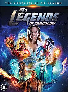 The Legends in a diamond shape against a blue and black background. From top to bottom, Sara Lance, Ray Palmer, Jefferson Jackson, Martain Stein, Amaya Jiwe. Text reading: The complete third season. DC's Legends of tomorrow