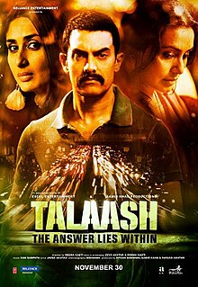 The poster features torso of Aamir Khan in center while faces of Kareena Kapoor Khan and Rani Mukerji appear on left and right. The film title appears at bottom.