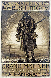 Charcoal drawing of a lone soldier from behind, titled "National Fund for Welsh Troops", also stating "Grand Matinee / St. David's Day March 1st / at the Alhambra Leicester Sq. W".
