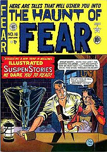 A comic book cover reading "The Haunt of Fear" in dark blue letters on a yellow background. Below is a colorful illustration of a man and woman standing over an empty open coffin, the man with a wooden stake in one hand and a hammer in the other, while a male vampire stands behind them in the shadows.