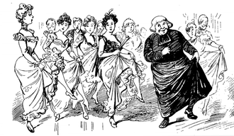 Assembled ladies in evening dress doing a risqué dance, showing a raised leg; the local priest does the same