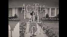 Black-and-white image of actress Kathryn Hahn in a 1950s-style dress behind the text "Agatha All Along".