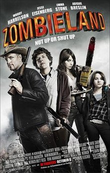 Poster for Zombieland with subtitle "Nut up or shut up". The four actors appear as a group all holding different weapons.