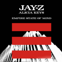 An image of a white building shown at a slanted angle with three red lines coming across the image of the building. The words "Jay-Z", "Alicia Keys" and "Empire State of Mind" written in capital letters overlapping a black background can also be seen.